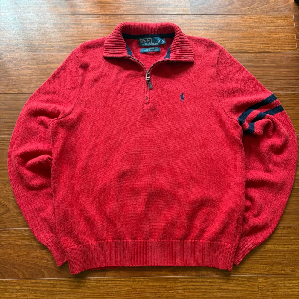Vintage Polo Ralph Lauren Knit Quarter Zip Sweater Large Red Striped Sleeve